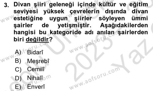 XVI. Yüzyıl Türk Edebiyatı Dersi 2023 - 2024 Yılı Yaz Okulu Sınavı 3. Soru