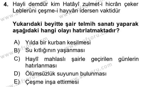 XVI. Yüzyıl Türk Edebiyatı Dersi 2023 - 2024 Yılı Yaz Okulu Sınavı 4. Soru