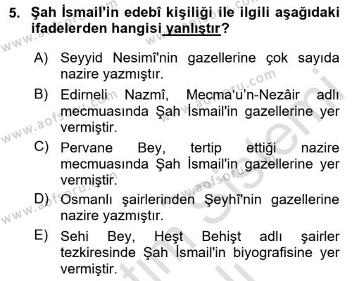 XVI. Yüzyıl Türk Edebiyatı Dersi 2023 - 2024 Yılı Yaz Okulu Sınavı 5. Soru