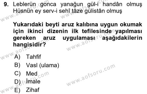 XVI. Yüzyıl Türk Edebiyatı Dersi 2023 - 2024 Yılı Yaz Okulu Sınavı 9. Soru