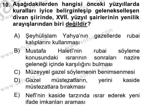 XVII. Yüzyıl Türk Edebiyatı Dersi 2016 - 2017 Yılı 3 Ders Sınavı 10. Soru