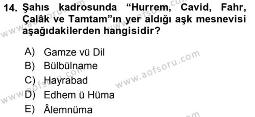 XVII. Yüzyıl Türk Edebiyatı Dersi 2016 - 2017 Yılı 3 Ders Sınavı 14. Soru