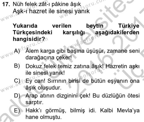 XVII. Yüzyıl Türk Edebiyatı Dersi 2016 - 2017 Yılı 3 Ders Sınavı 17. Soru