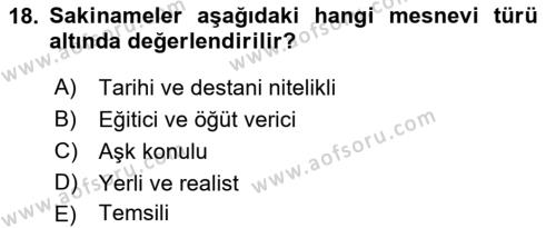 XVII. Yüzyıl Türk Edebiyatı Dersi 2016 - 2017 Yılı 3 Ders Sınavı 18. Soru