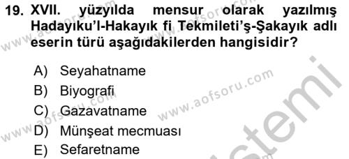 XVII. Yüzyıl Türk Edebiyatı Dersi 2016 - 2017 Yılı 3 Ders Sınavı 19. Soru