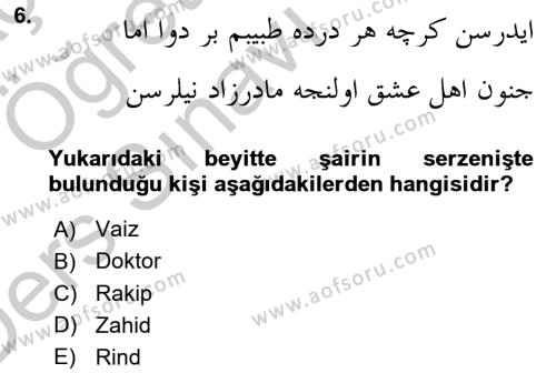 XVII. Yüzyıl Türk Edebiyatı Dersi 2016 - 2017 Yılı 3 Ders Sınavı 6. Soru