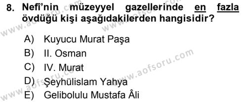 XVII. Yüzyıl Türk Edebiyatı Dersi 2016 - 2017 Yılı 3 Ders Sınavı 8. Soru