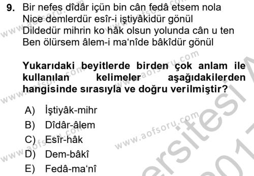 XVII. Yüzyıl Türk Edebiyatı Dersi 2016 - 2017 Yılı 3 Ders Sınavı 9. Soru