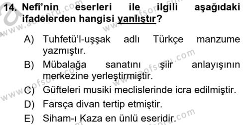 XVII. Yüzyıl Türk Edebiyatı Dersi 2016 - 2017 Yılı (Vize) Ara Sınavı 14. Soru