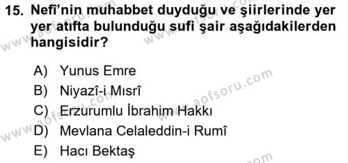 XVII. Yüzyıl Türk Edebiyatı Dersi 2016 - 2017 Yılı (Vize) Ara Sınavı 15. Soru