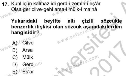 XVII. Yüzyıl Türk Edebiyatı Dersi 2016 - 2017 Yılı (Vize) Ara Sınavı 17. Soru