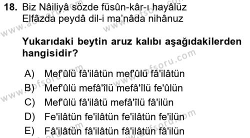 XVII. Yüzyıl Türk Edebiyatı Dersi 2016 - 2017 Yılı (Vize) Ara Sınavı 18. Soru