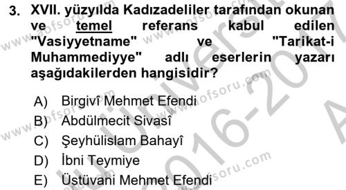 XVII. Yüzyıl Türk Edebiyatı Dersi 2016 - 2017 Yılı (Vize) Ara Sınavı 3. Soru