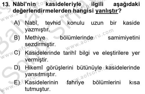 XVII. Yüzyıl Türk Edebiyatı Dersi 2016 - 2017 Yılı (Final) Dönem Sonu Sınavı 13. Soru