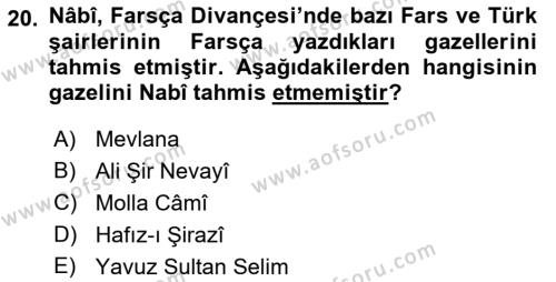 XVII. Yüzyıl Türk Edebiyatı Dersi 2016 - 2017 Yılı (Final) Dönem Sonu Sınavı 20. Soru