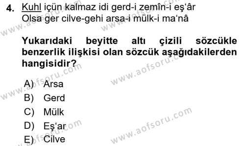 XVII. Yüzyıl Türk Edebiyatı Dersi 2016 - 2017 Yılı (Final) Dönem Sonu Sınavı 4. Soru