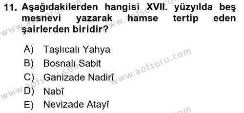 XVII. Yüzyıl Türk Edebiyatı Dersi 2017 - 2018 Yılı 3 Ders Sınavı 11. Soru