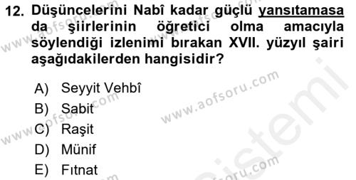 XVII. Yüzyıl Türk Edebiyatı Dersi 2017 - 2018 Yılı 3 Ders Sınavı 12. Soru