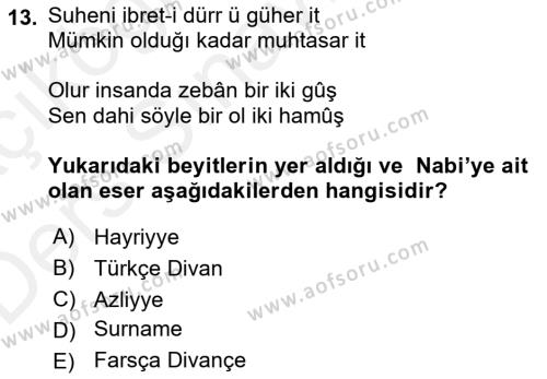 XVII. Yüzyıl Türk Edebiyatı Dersi 2017 - 2018 Yılı 3 Ders Sınavı 13. Soru