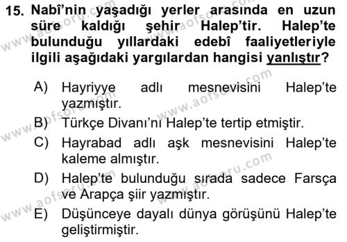 XVII. Yüzyıl Türk Edebiyatı Dersi 2017 - 2018 Yılı 3 Ders Sınavı 15. Soru