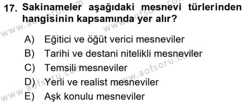 XVII. Yüzyıl Türk Edebiyatı Dersi 2017 - 2018 Yılı 3 Ders Sınavı 17. Soru