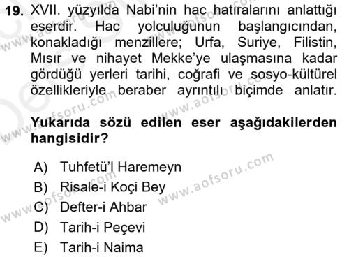 XVII. Yüzyıl Türk Edebiyatı Dersi 2017 - 2018 Yılı 3 Ders Sınavı 19. Soru