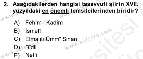 XVII. Yüzyıl Türk Edebiyatı Dersi 2017 - 2018 Yılı 3 Ders Sınavı 2. Soru