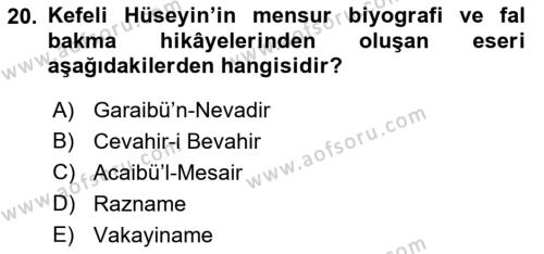 XVII. Yüzyıl Türk Edebiyatı Dersi 2017 - 2018 Yılı 3 Ders Sınavı 20. Soru