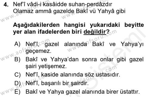 XVII. Yüzyıl Türk Edebiyatı Dersi 2017 - 2018 Yılı 3 Ders Sınavı 4. Soru