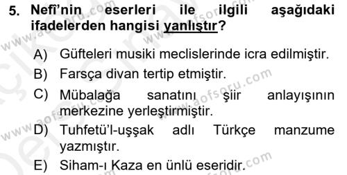 XVII. Yüzyıl Türk Edebiyatı Dersi 2017 - 2018 Yılı 3 Ders Sınavı 5. Soru