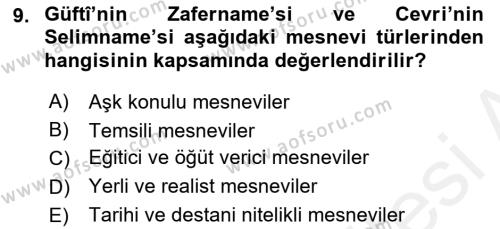 XVII. Yüzyıl Türk Edebiyatı Dersi 2017 - 2018 Yılı 3 Ders Sınavı 9. Soru