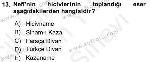 XVII. Yüzyıl Türk Edebiyatı Dersi 2017 - 2018 Yılı (Vize) Ara Sınavı 13. Soru