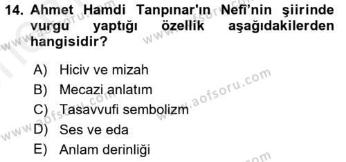 XVII. Yüzyıl Türk Edebiyatı Dersi 2017 - 2018 Yılı (Vize) Ara Sınavı 14. Soru