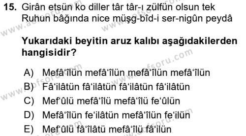 XVII. Yüzyıl Türk Edebiyatı Dersi 2017 - 2018 Yılı (Vize) Ara Sınavı 15. Soru