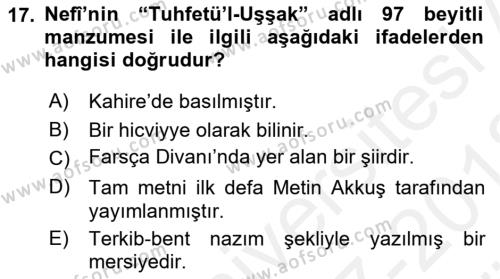 XVII. Yüzyıl Türk Edebiyatı Dersi 2017 - 2018 Yılı (Vize) Ara Sınavı 17. Soru