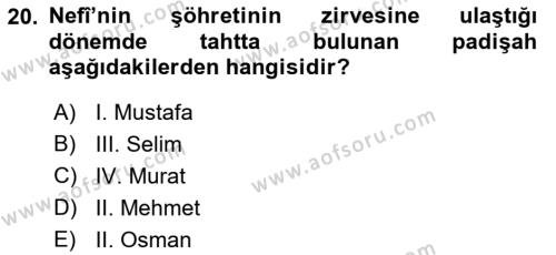 XVII. Yüzyıl Türk Edebiyatı Dersi 2017 - 2018 Yılı (Vize) Ara Sınavı 20. Soru