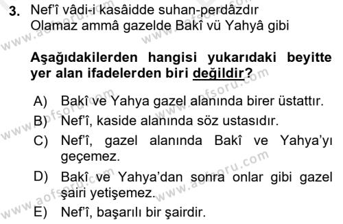 XVII. Yüzyıl Türk Edebiyatı Dersi 2017 - 2018 Yılı (Vize) Ara Sınavı 3. Soru