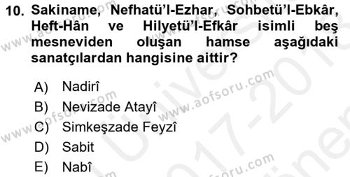 XVII. Yüzyıl Türk Edebiyatı Dersi 2017 - 2018 Yılı (Final) Dönem Sonu Sınavı 10. Soru