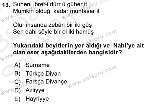 XVII. Yüzyıl Türk Edebiyatı Dersi 2017 - 2018 Yılı (Final) Dönem Sonu Sınavı 13. Soru