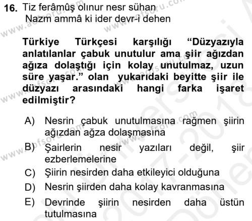 XVII. Yüzyıl Türk Edebiyatı Dersi 2017 - 2018 Yılı (Final) Dönem Sonu Sınavı 16. Soru