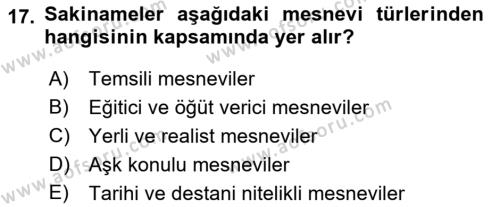 XVII. Yüzyıl Türk Edebiyatı Dersi 2017 - 2018 Yılı (Final) Dönem Sonu Sınavı 17. Soru