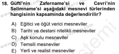 XVII. Yüzyıl Türk Edebiyatı Dersi 2017 - 2018 Yılı (Final) Dönem Sonu Sınavı 18. Soru