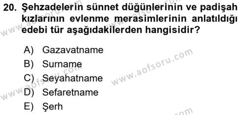 XVII. Yüzyıl Türk Edebiyatı Dersi 2017 - 2018 Yılı (Final) Dönem Sonu Sınavı 20. Soru