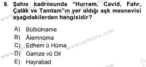 XVII. Yüzyıl Türk Edebiyatı Dersi 2017 - 2018 Yılı (Final) Dönem Sonu Sınavı 9. Soru