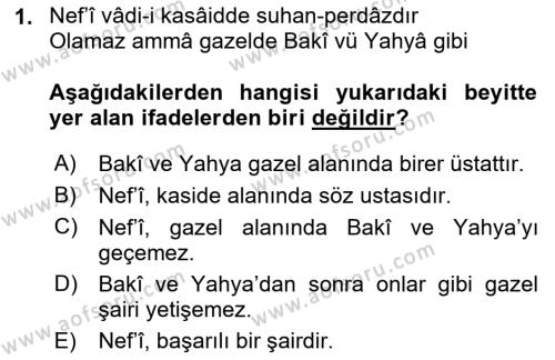 XVII. Yüzyıl Türk Edebiyatı Dersi 2018 - 2019 Yılı (Vize) Ara Sınavı 1. Soru