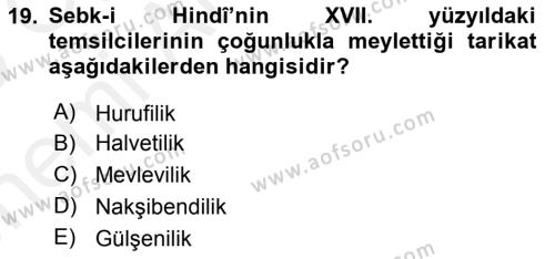 XVII. Yüzyıl Türk Edebiyatı Dersi 2018 - 2019 Yılı (Vize) Ara Sınavı 19. Soru