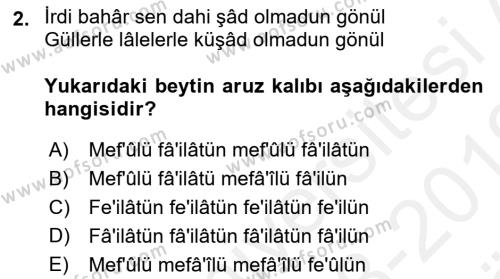 XVII. Yüzyıl Türk Edebiyatı Dersi 2018 - 2019 Yılı (Vize) Ara Sınavı 2. Soru