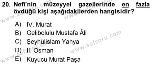 XVII. Yüzyıl Türk Edebiyatı Dersi 2018 - 2019 Yılı (Vize) Ara Sınavı 20. Soru