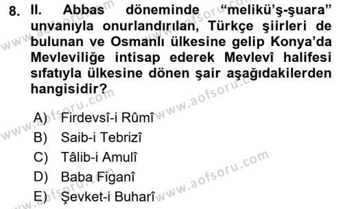 XVII. Yüzyıl Türk Edebiyatı Dersi 2018 - 2019 Yılı (Vize) Ara Sınavı 8. Soru