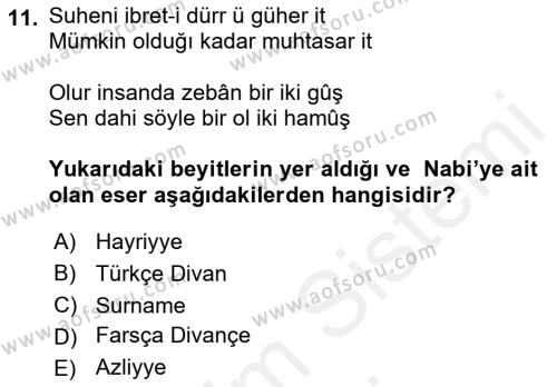 XVII. Yüzyıl Türk Edebiyatı Dersi 2018 - 2019 Yılı (Final) Dönem Sonu Sınavı 11. Soru